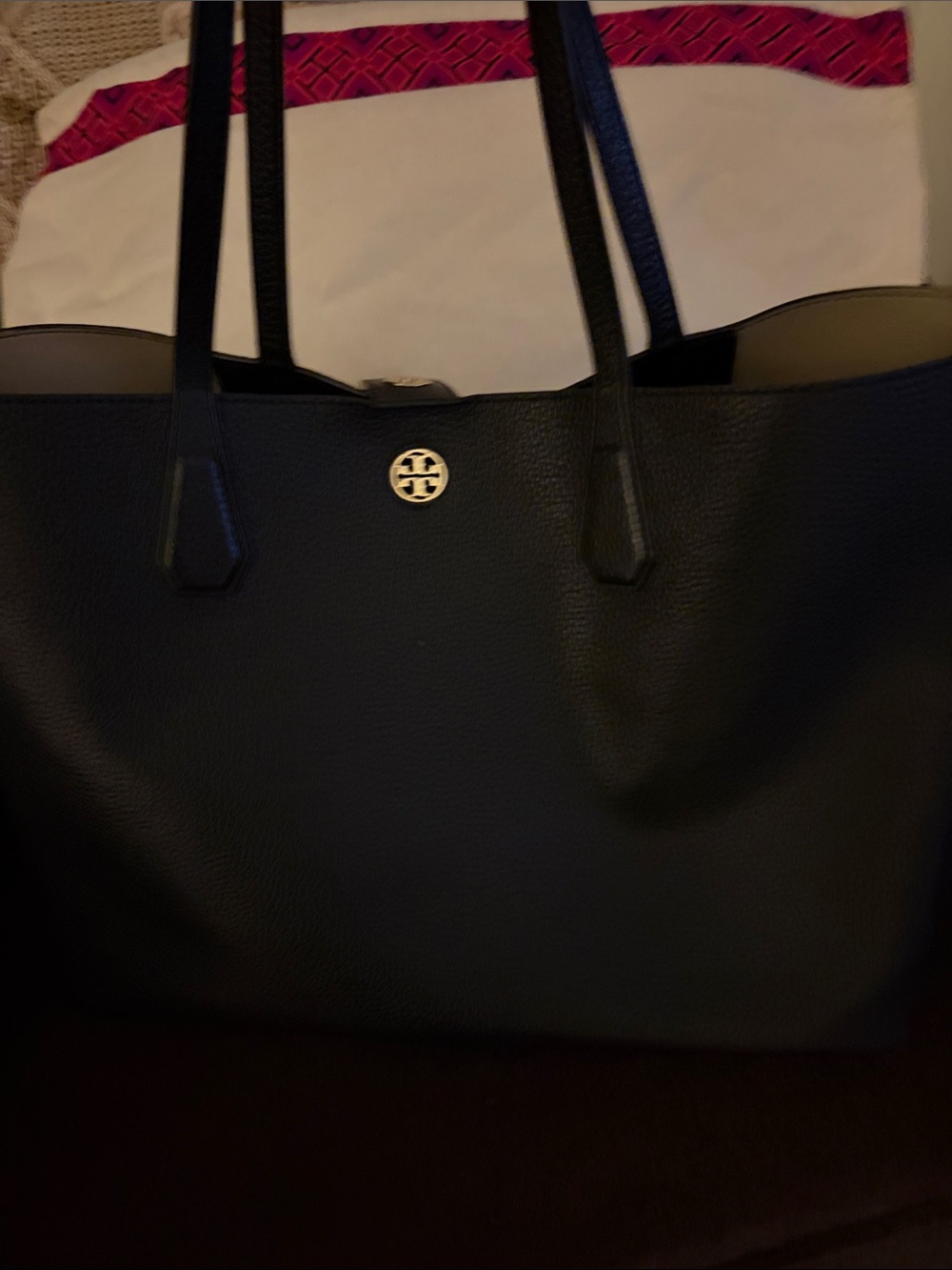 Tory Burch Black Pebbled Leather Tote with Gold Logo - Picture 2 of 4